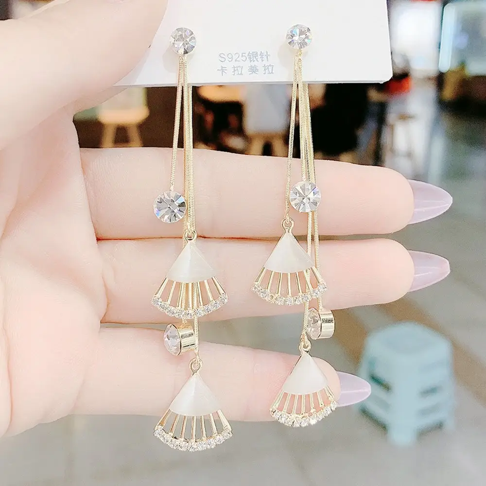 925 Silver Cat's Eye Fan Tassel Earrings - Image 5