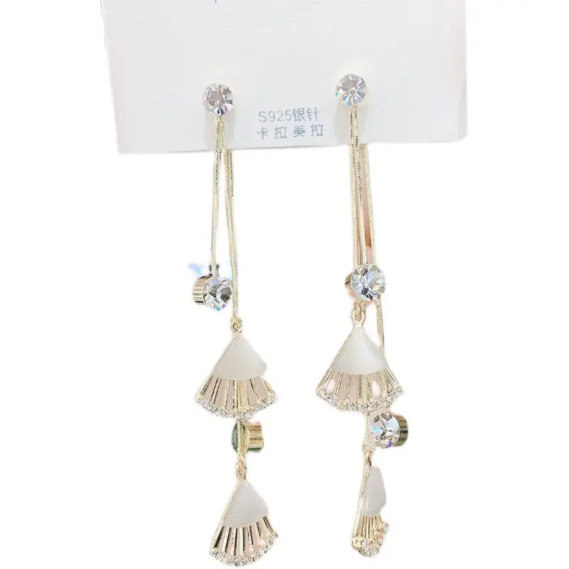 925 Silver Cat's Eye Fan Tassel Earrings - Image 6