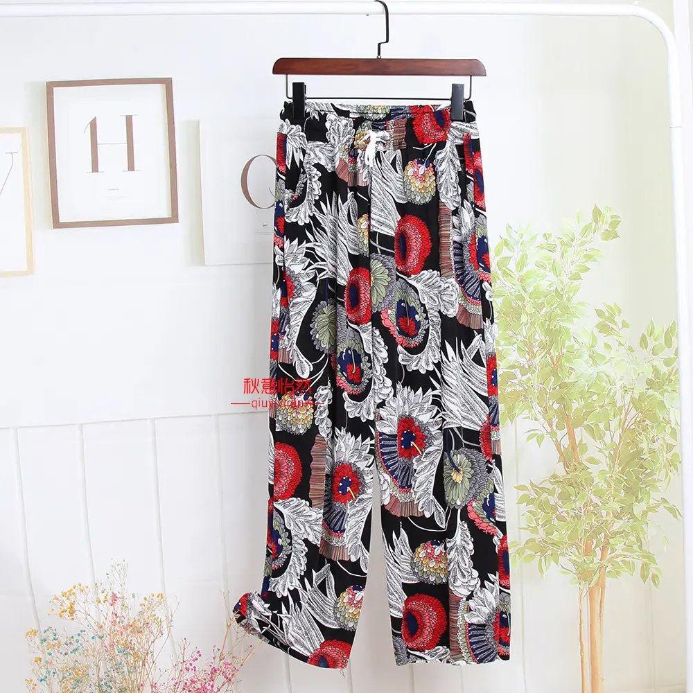 Summer Wide Leg Pants Silk Floral Mom Pants - Image 6