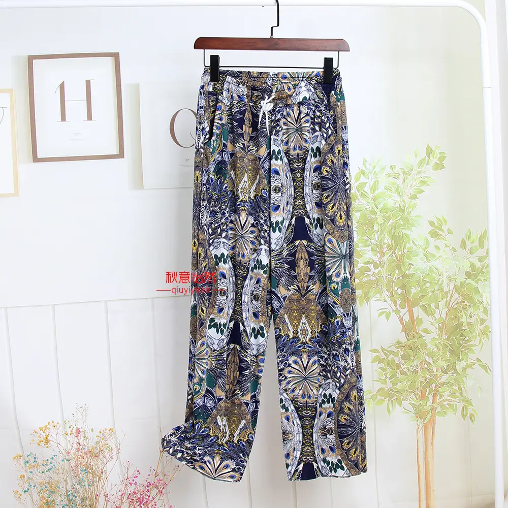 Summer Wide Leg Pants Silk Floral Mom Pants - Image 7