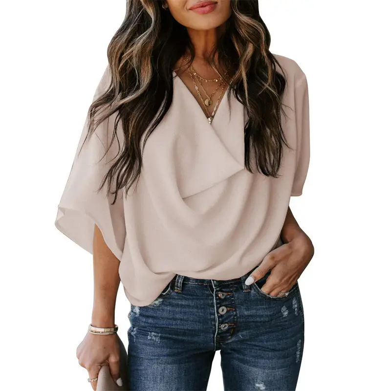 Chiffon V-Neck Loose T-Shirt Women Beige - Image 10
