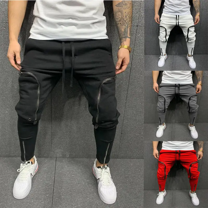 Men Grey Zipper Slim Track Pants Sports Joggers 2023 - Image 5