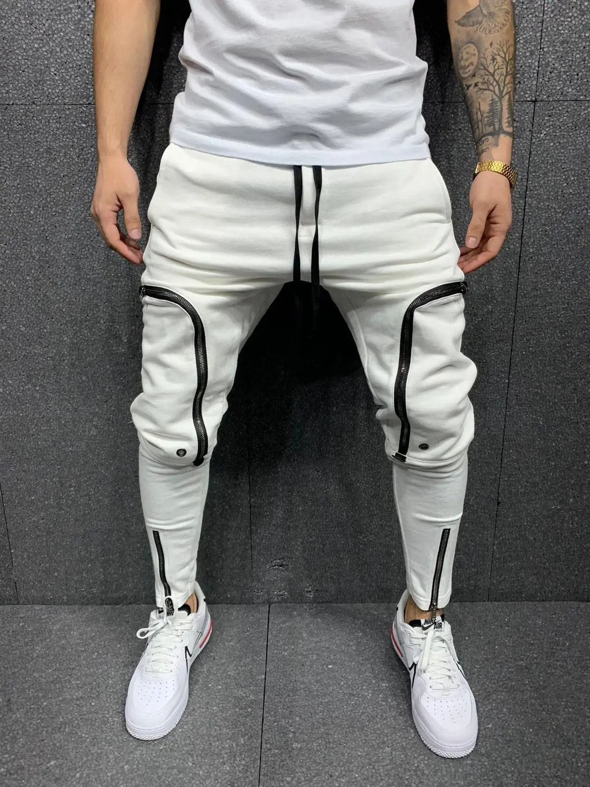 Men Grey Zipper Slim Track Pants Sports Joggers 2023 - Image 8