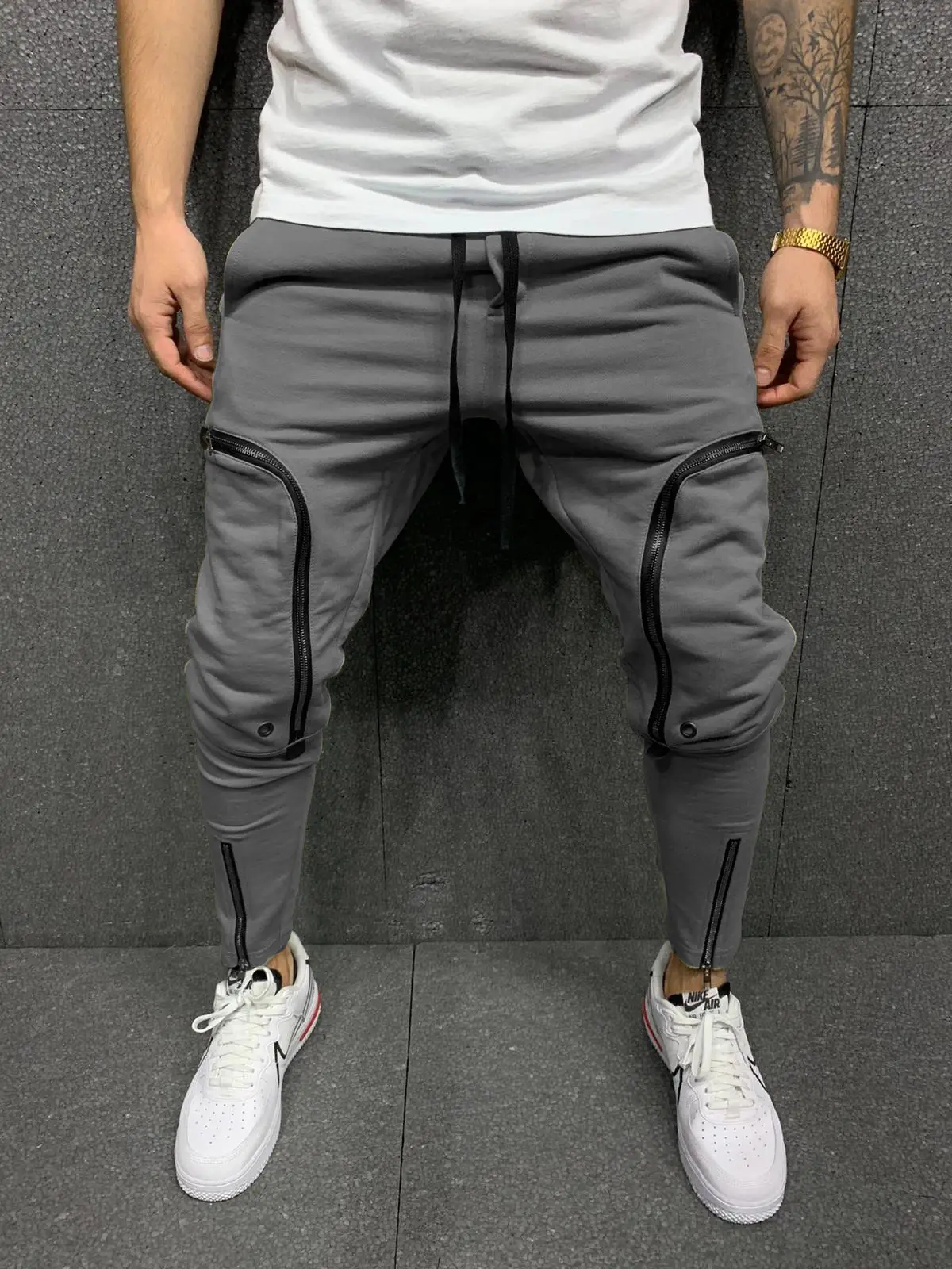 Men Grey Zipper Slim Track Pants Sports Joggers 2023 - Image 3