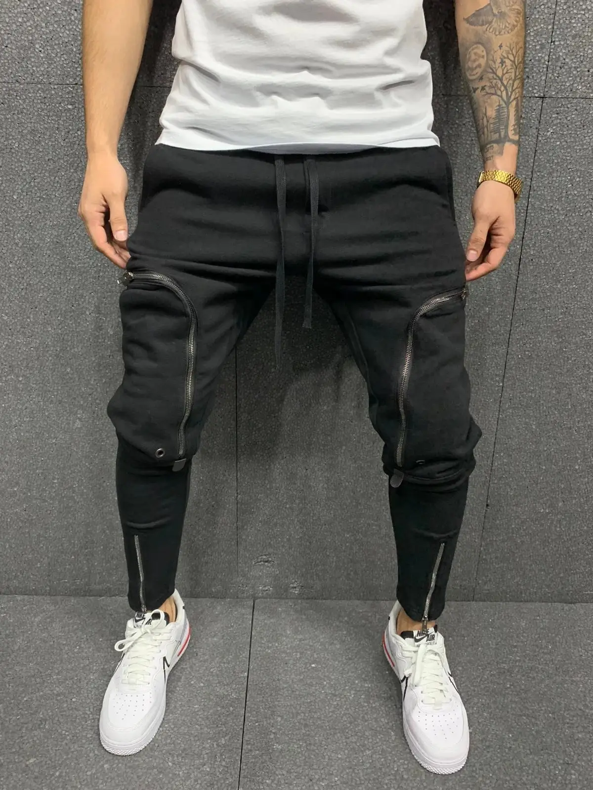 Men Grey Zipper Slim Track Pants Sports Joggers 2023 - Image 4
