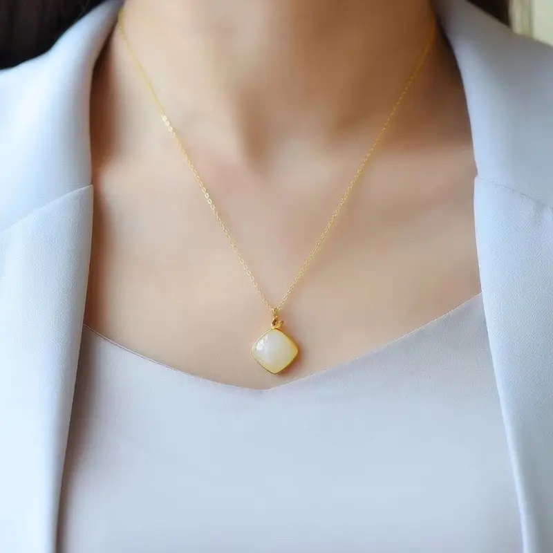 S925 Gold Plated Hetian Jade Pendant Necklace Set - Image 4