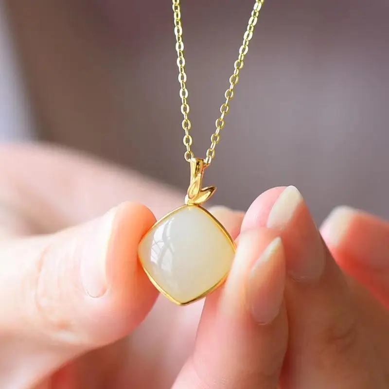 S925 Gold Plated Hetian Jade Pendant Necklace Set - Image 2