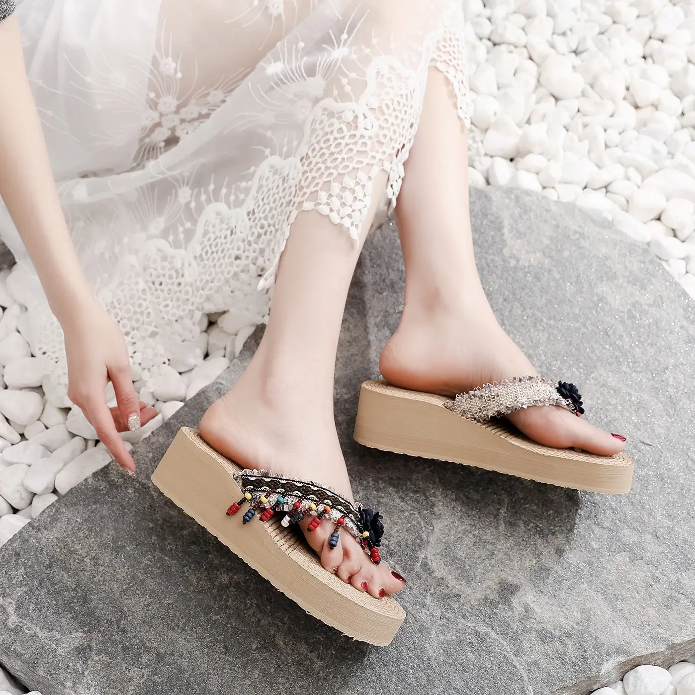 Women's Flower Decorated Thick Sole Flip Flops - Image 5