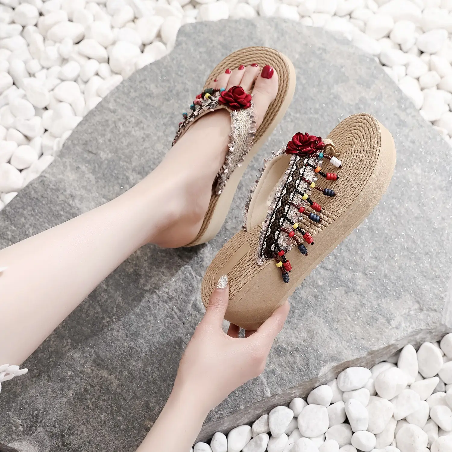 Women's Flower Decorated Thick Sole Flip Flops - Image 6