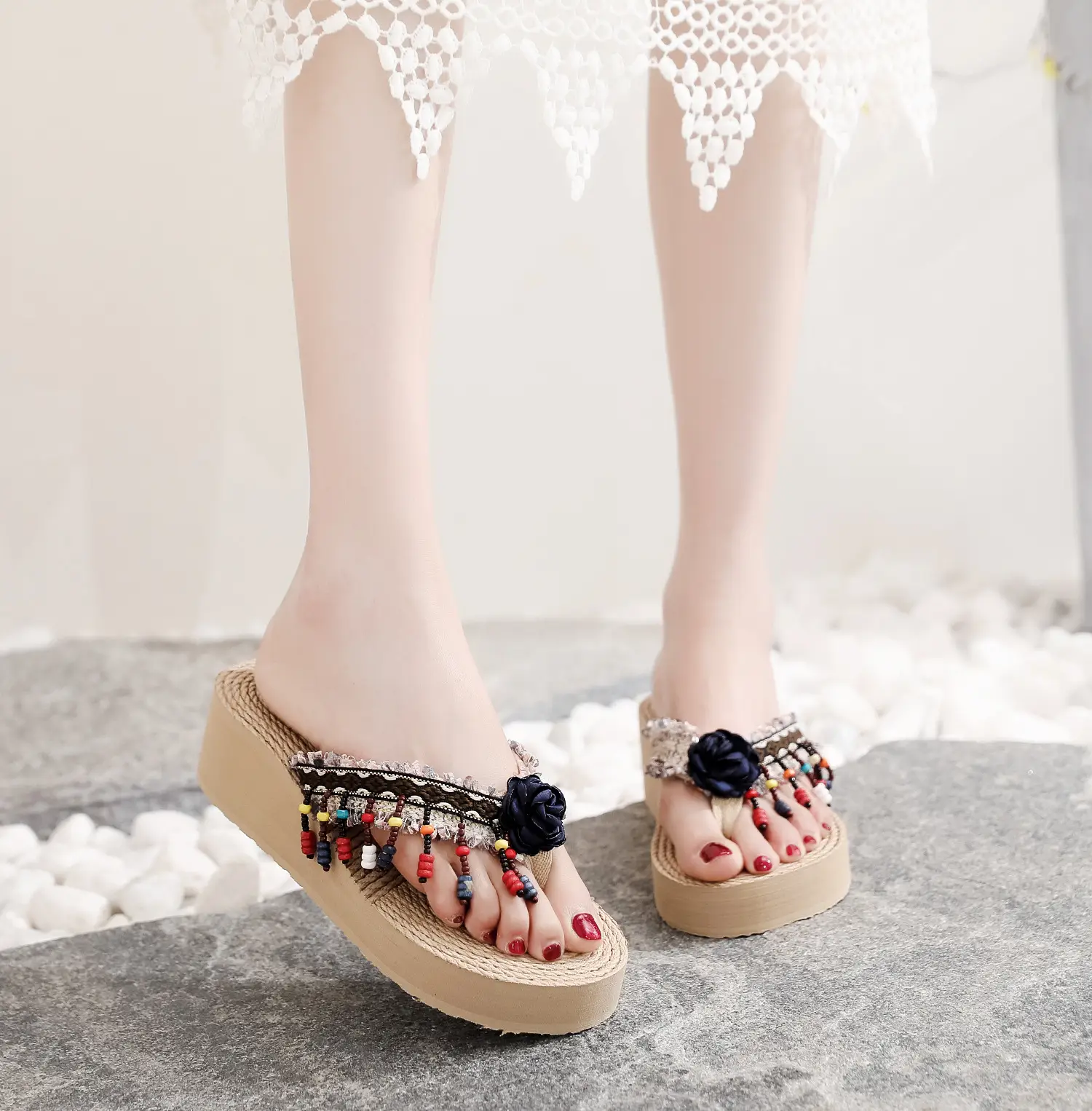 Women's Flower Decorated Thick Sole Flip Flops - Image 2