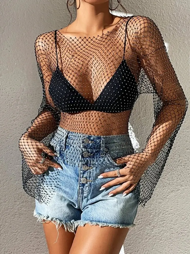 European American Cross Border Flashy Mesh Long Sleeve Party Top — feature 12