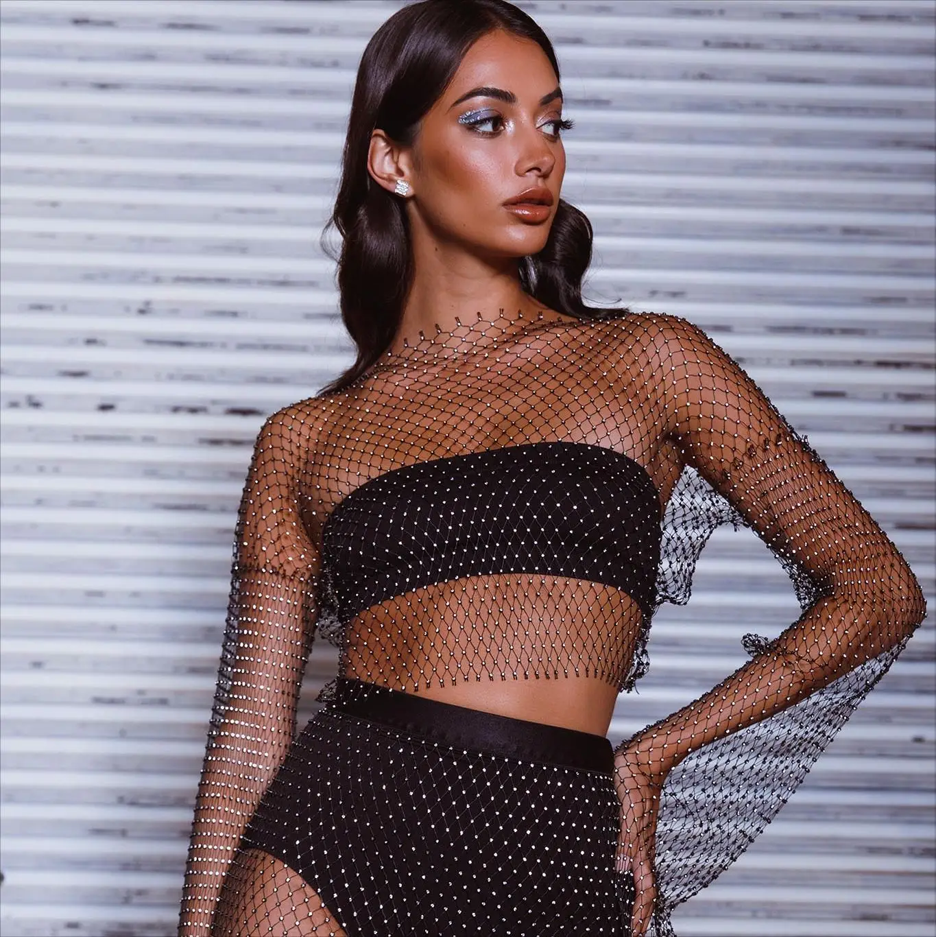 European American Cross Border Flashy Mesh Long Sleeve Party Top — feature 6