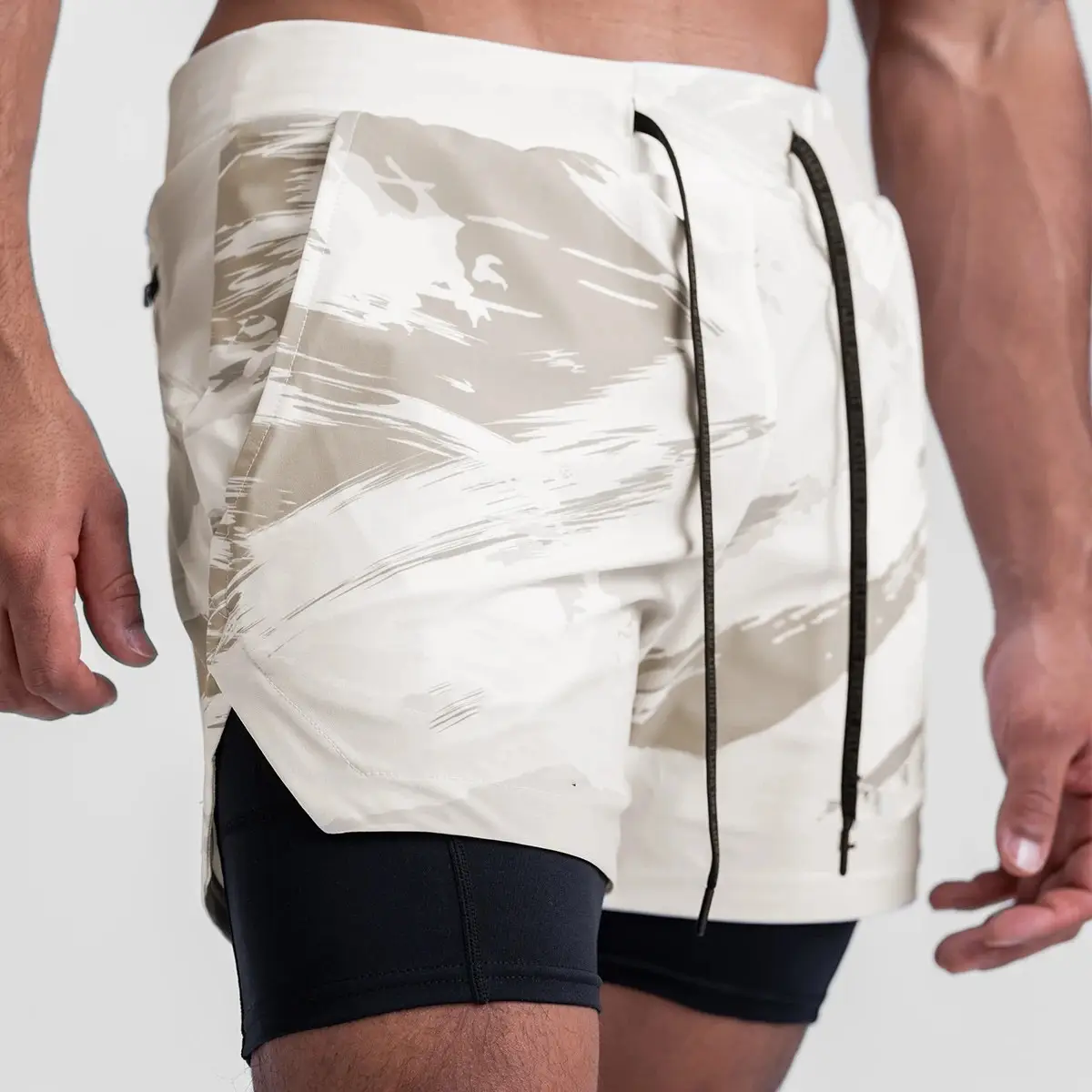 Men's Light Grey Sports Shorts with Zip Pocket & Side Zip - Image 7