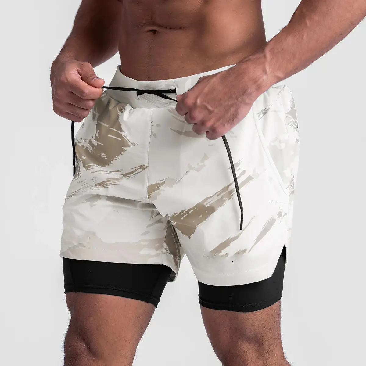 Men's Light Grey Sports Shorts with Zip Pocket & Side Zip - Image 8