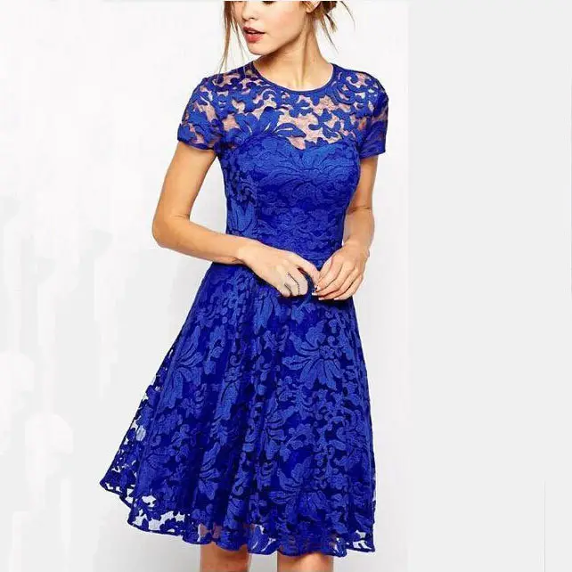White Lace Round Neck Short Sleeve Dress for Women - Image 4