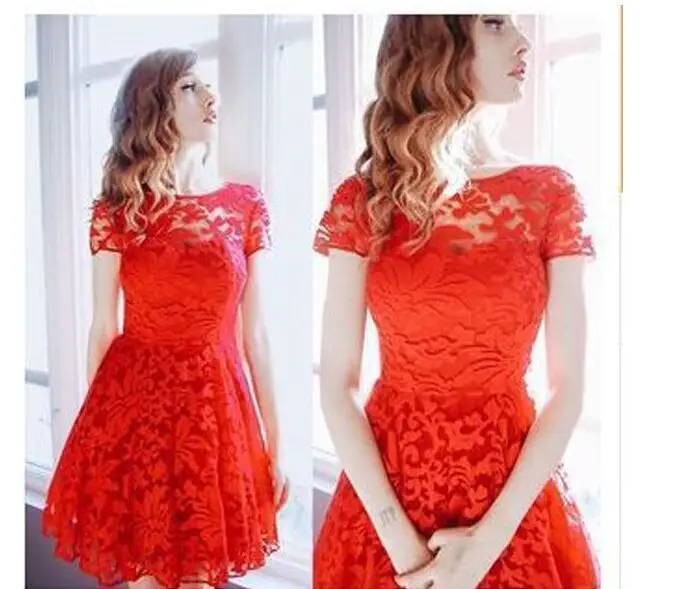 White Lace Round Neck Short Sleeve Dress for Women - Image 2