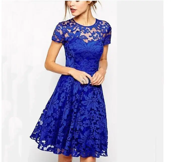 White Lace Round Neck Short Sleeve Dress for Women - Image 6