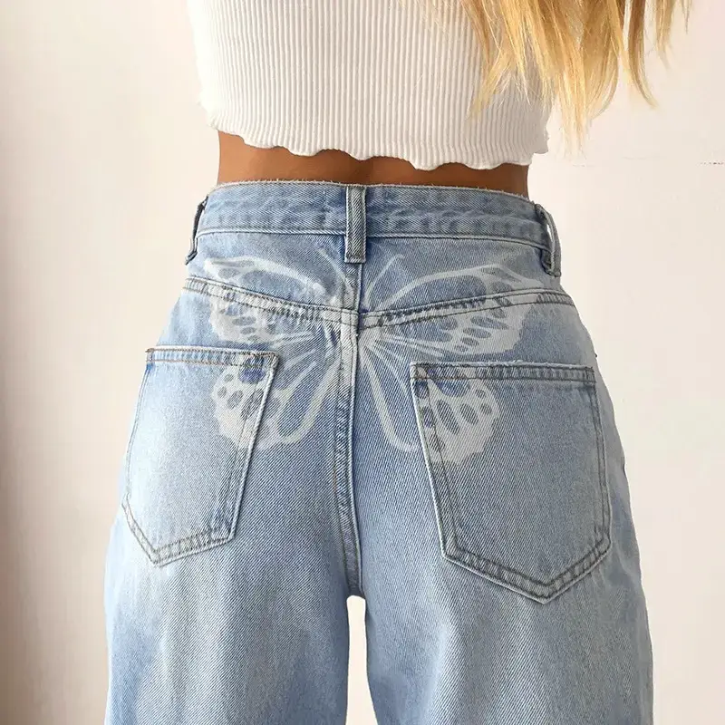 Women High Waist Butterfly Printed Jeans Blue - Image 6