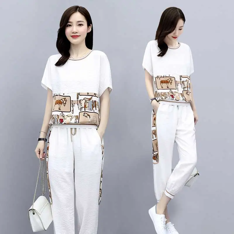 Women Printed Cotton Two-Piece Summer Suit White - Image 4
