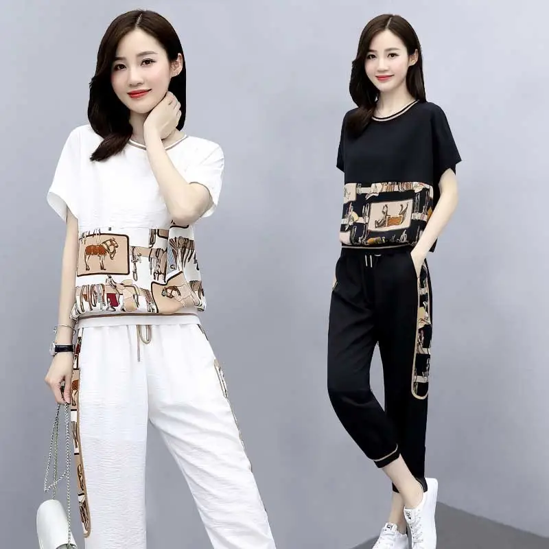 Women Printed Cotton Two-Piece Summer Suit White - Image 5