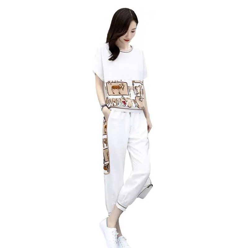Women Printed Cotton Two-Piece Summer Suit White - Image 7