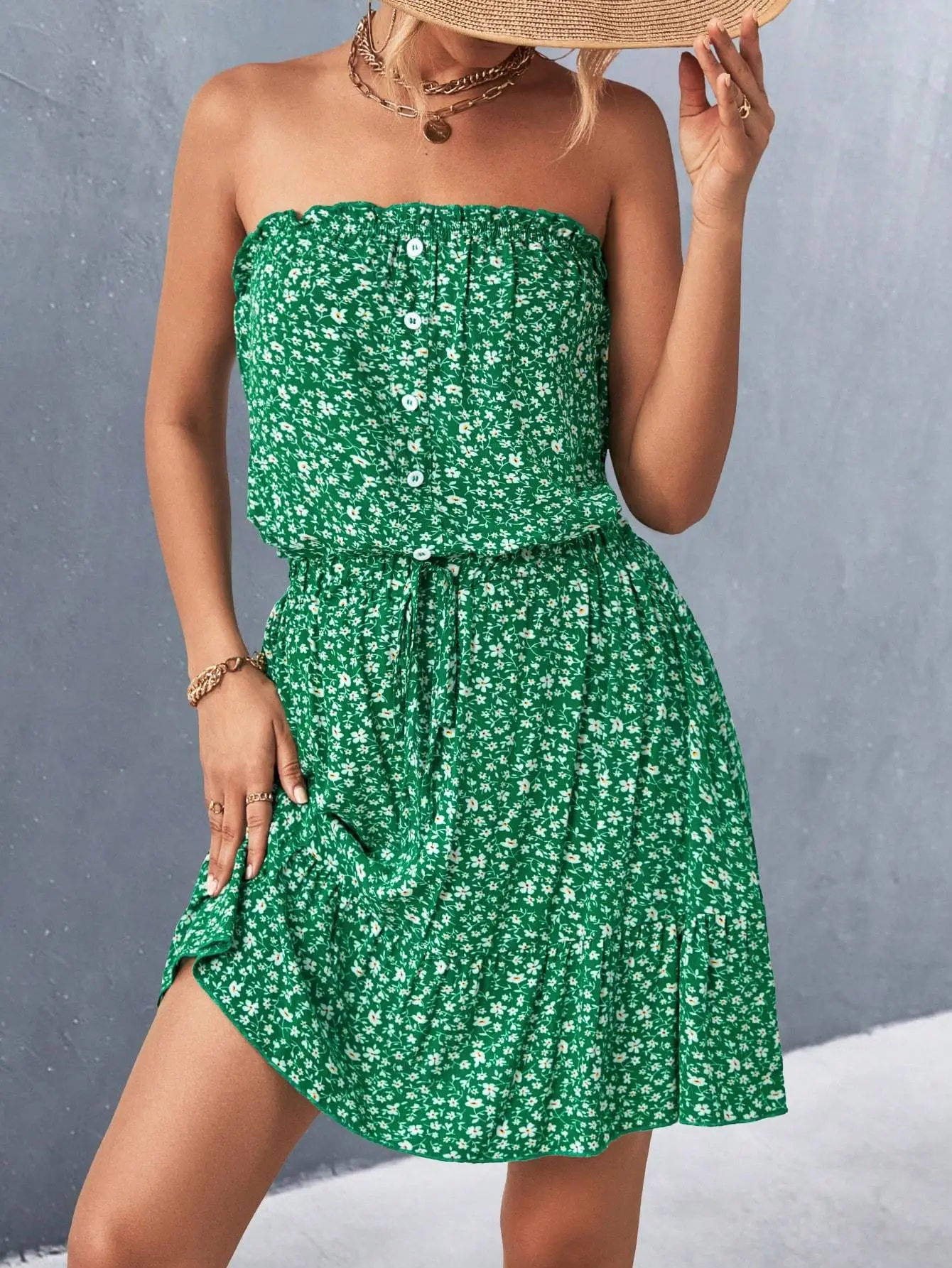 Sexy Strapless Floral Dress Red 2021 Summer