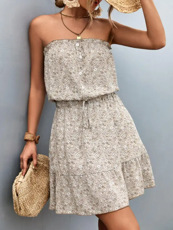 Sexy Strapless Floral Dress Red 2021 Summer