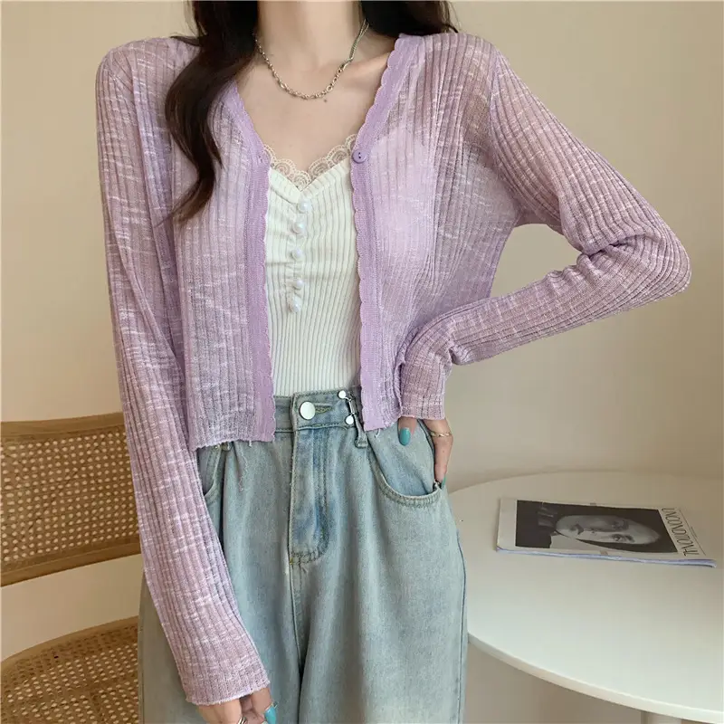 Women's Light Blue V-Neck Knitted Cardigan Short