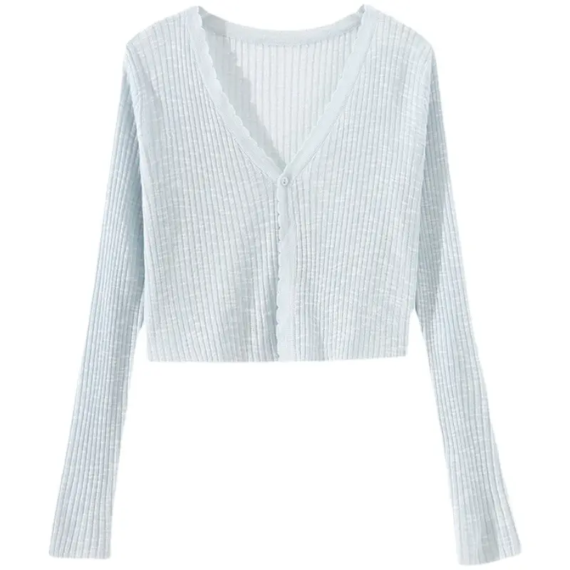Women's Light Blue V-Neck Knitted Cardigan Short