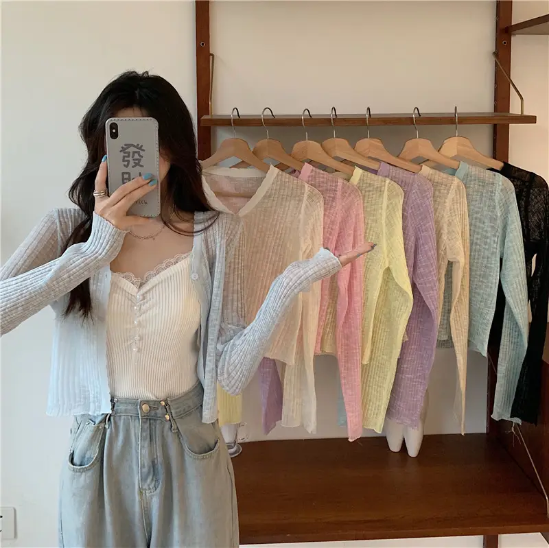 Women's Light Blue V-Neck Knitted Cardigan Short — feature 1