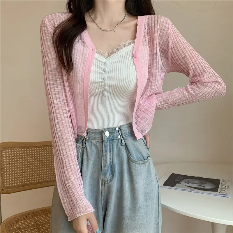 Women's Light Blue V-Neck Knitted Cardigan Short — feature 14