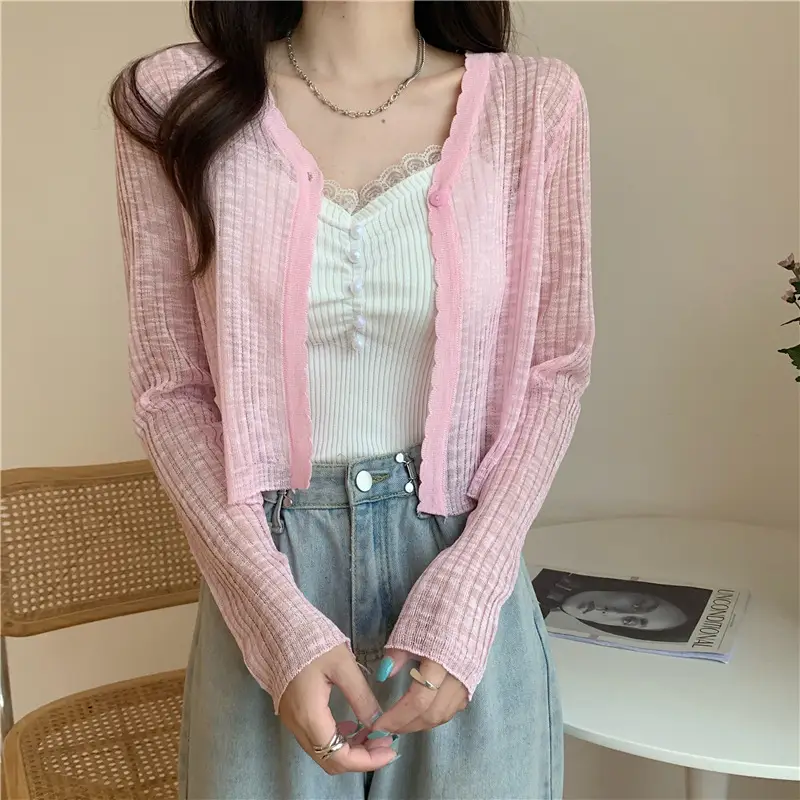 Women's Light Blue V-Neck Knitted Cardigan Short — feature 15