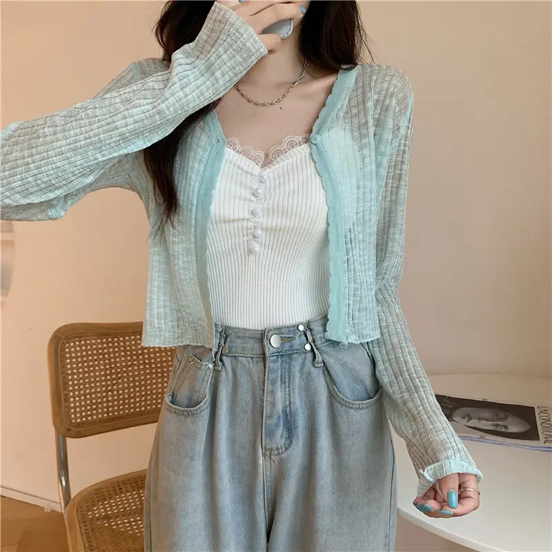 Women's Light Blue V-Neck Knitted Cardigan Short — feature 16