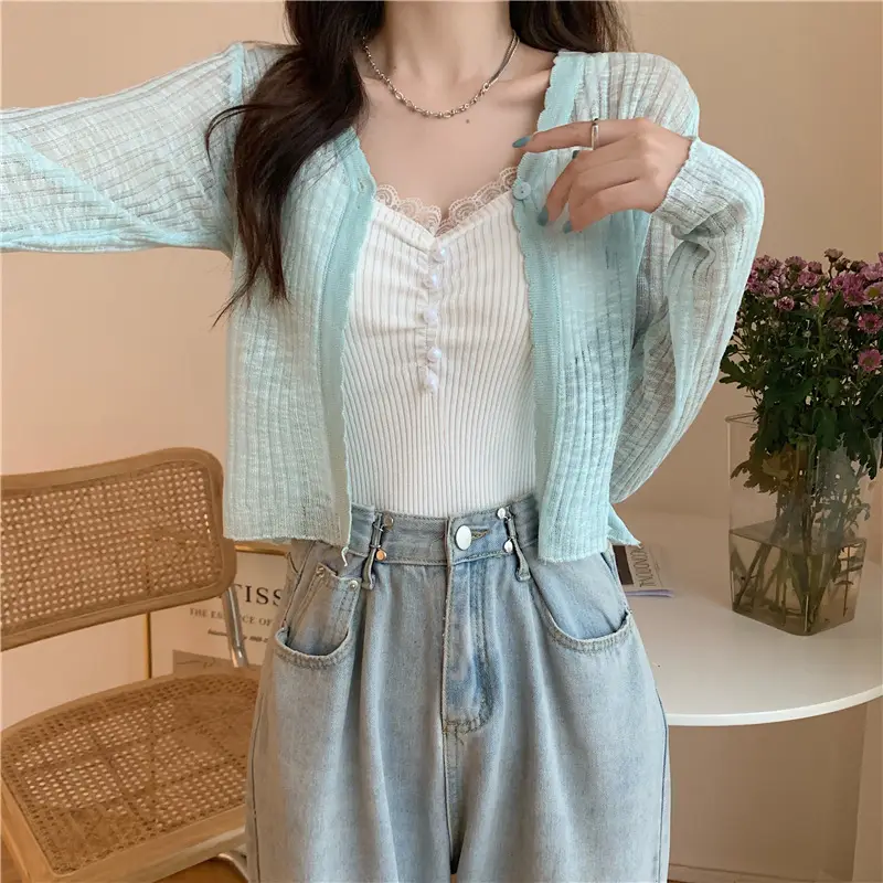 Women's Light Blue V-Neck Knitted Cardigan Short — feature 18