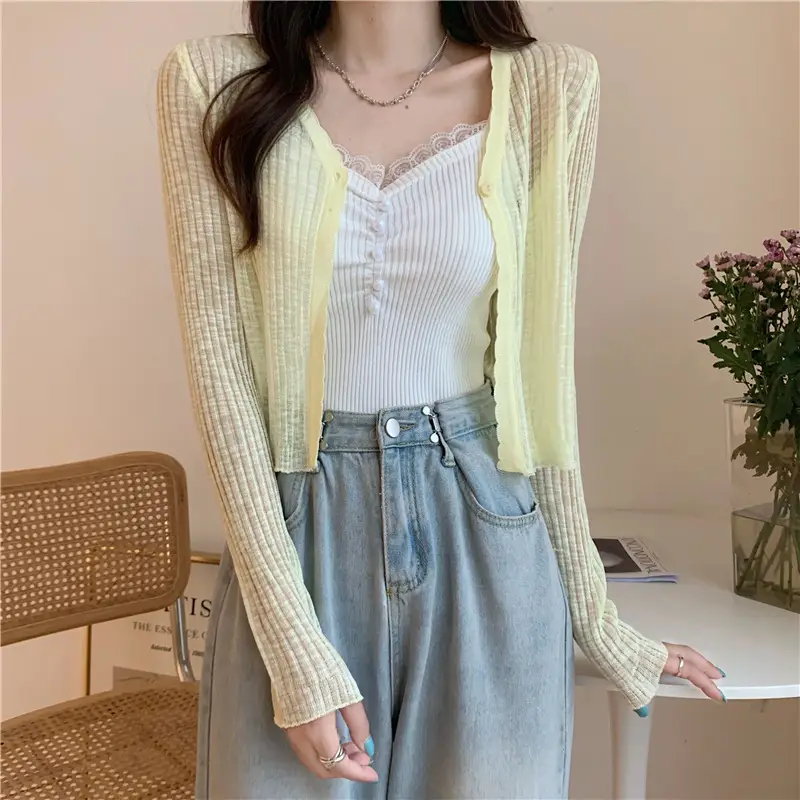 Women's Light Blue V-Neck Knitted Cardigan Short — feature 19