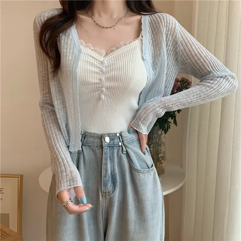 Women's Light Blue V-Neck Knitted Cardigan Short — feature 2