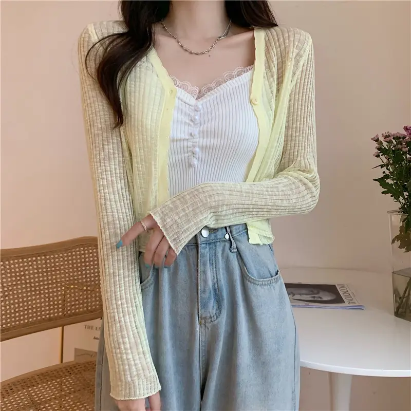 Women's Light Blue V-Neck Knitted Cardigan Short — feature 20