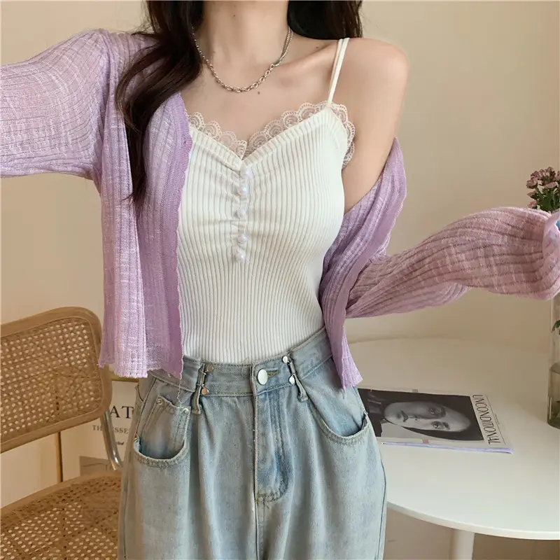 Women's Light Blue V-Neck Knitted Cardigan Short — feature 21