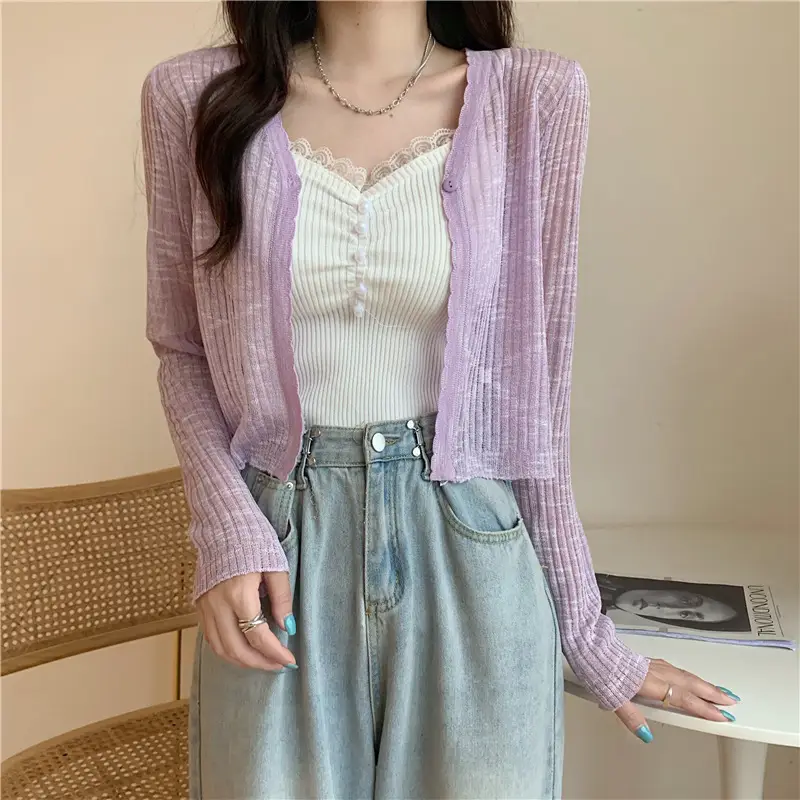 Women's Light Blue V-Neck Knitted Cardigan Short — feature 22