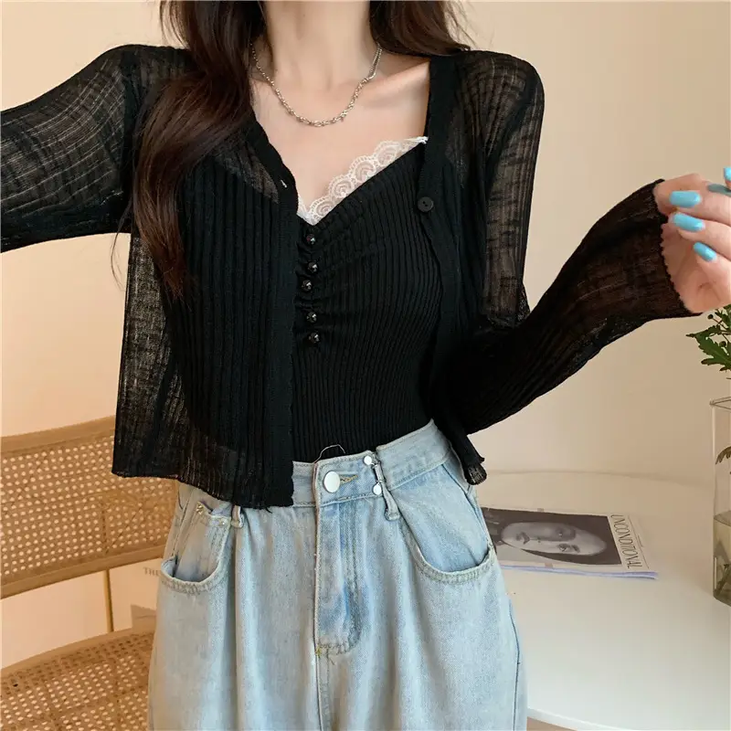 Women's Light Blue V-Neck Knitted Cardigan Short — feature 24