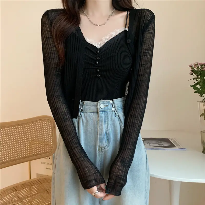 Women's Light Blue V-Neck Knitted Cardigan Short — feature 25