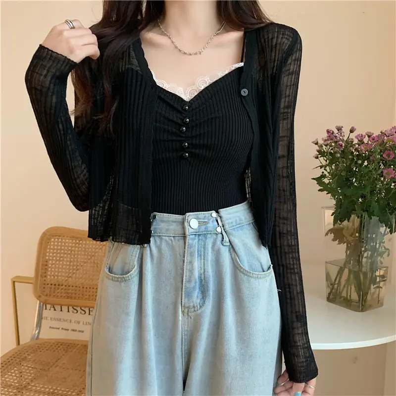 Women's Light Blue V-Neck Knitted Cardigan Short — feature 26