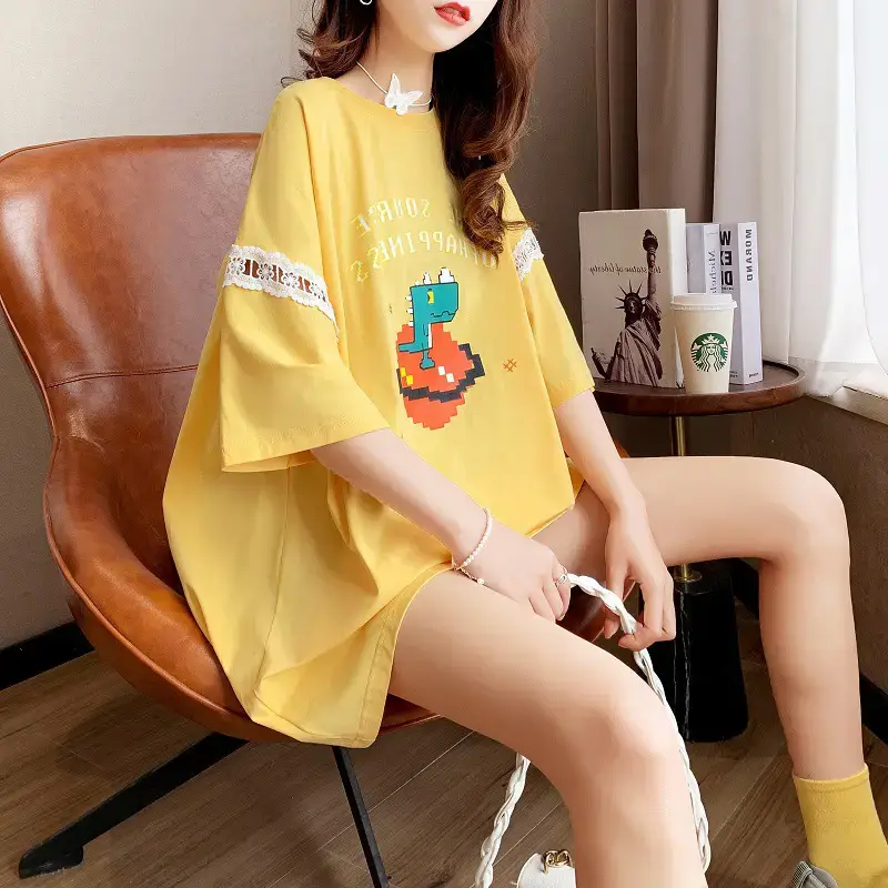 Women Yellow Bow Short Sleeve T-Shirt Large