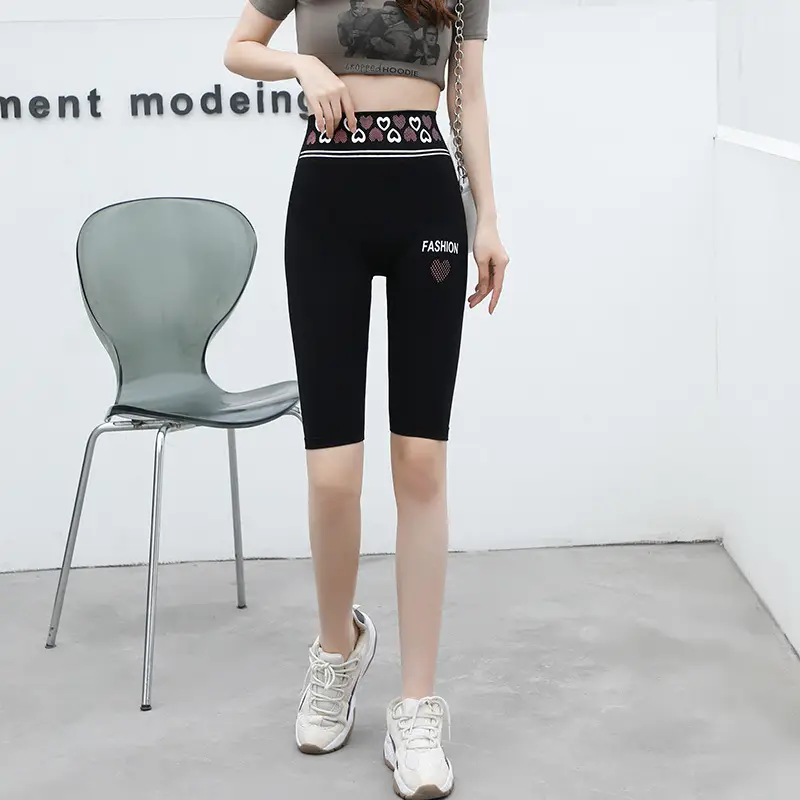 Women Black Heart Print High Waist Leggings