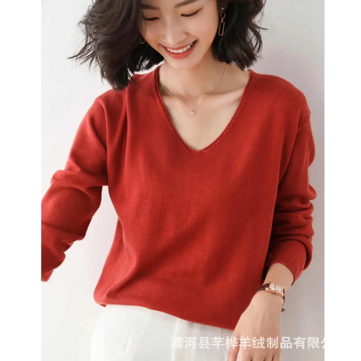 Women Loose V-Neck Knitted Sweater Purple Large - Image 10