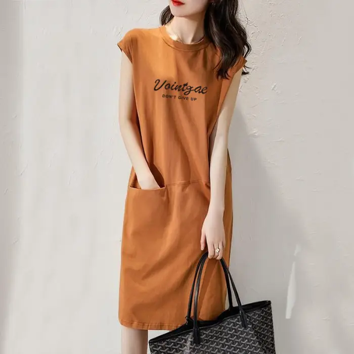 Korean Style Orange T-Shirt Dress with Pocket - Image 19