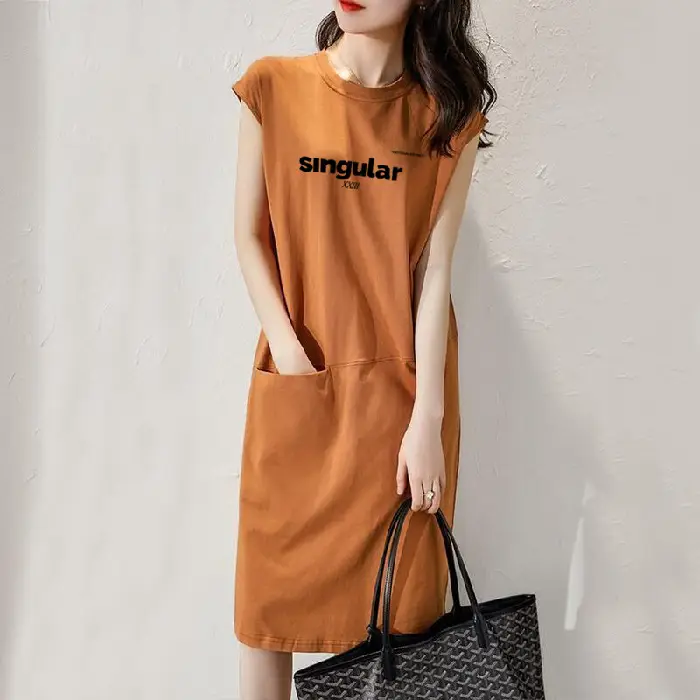 Korean Style Orange T-Shirt Dress with Pocket - Image 21