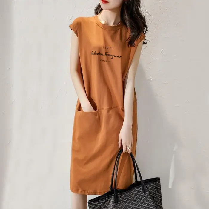 Korean Style Orange T-Shirt Dress with Pocket - Image 23
