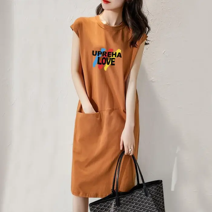 Korean Style Orange T-Shirt Dress with Pocket - Image 27