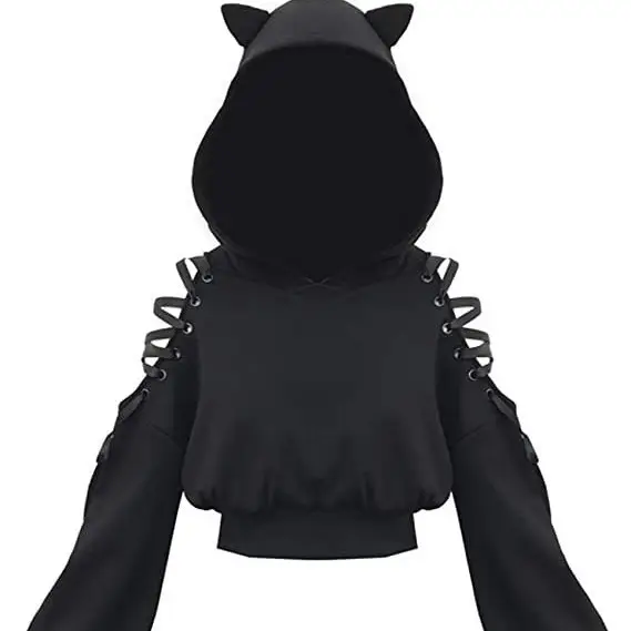 Black Cat Print Hooded Sweatshirt with Exposed Sleeves - Image 13